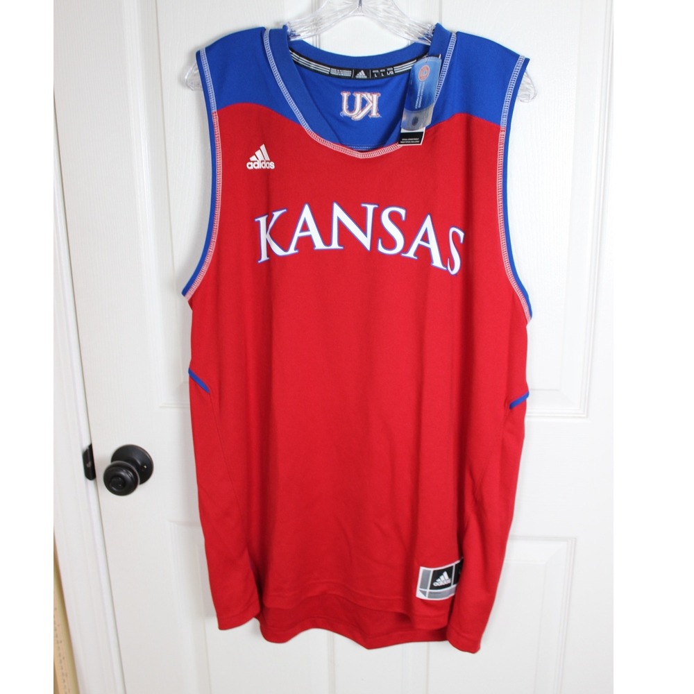 Adidas Kansas Jayhawks NCAA Basketball Jersey Red Blue Mens Large L NWT